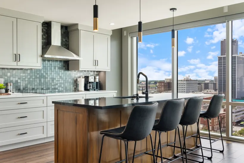 Modern kitchen with a city view
